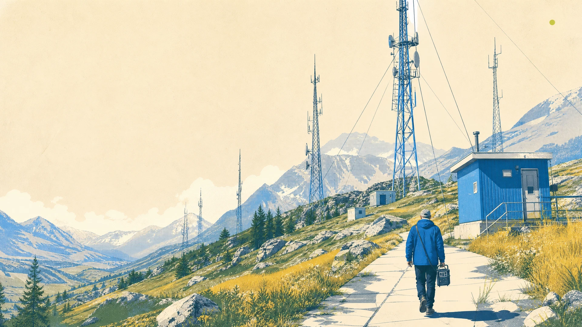 A field engineer walking through an alpine valley of radio towers