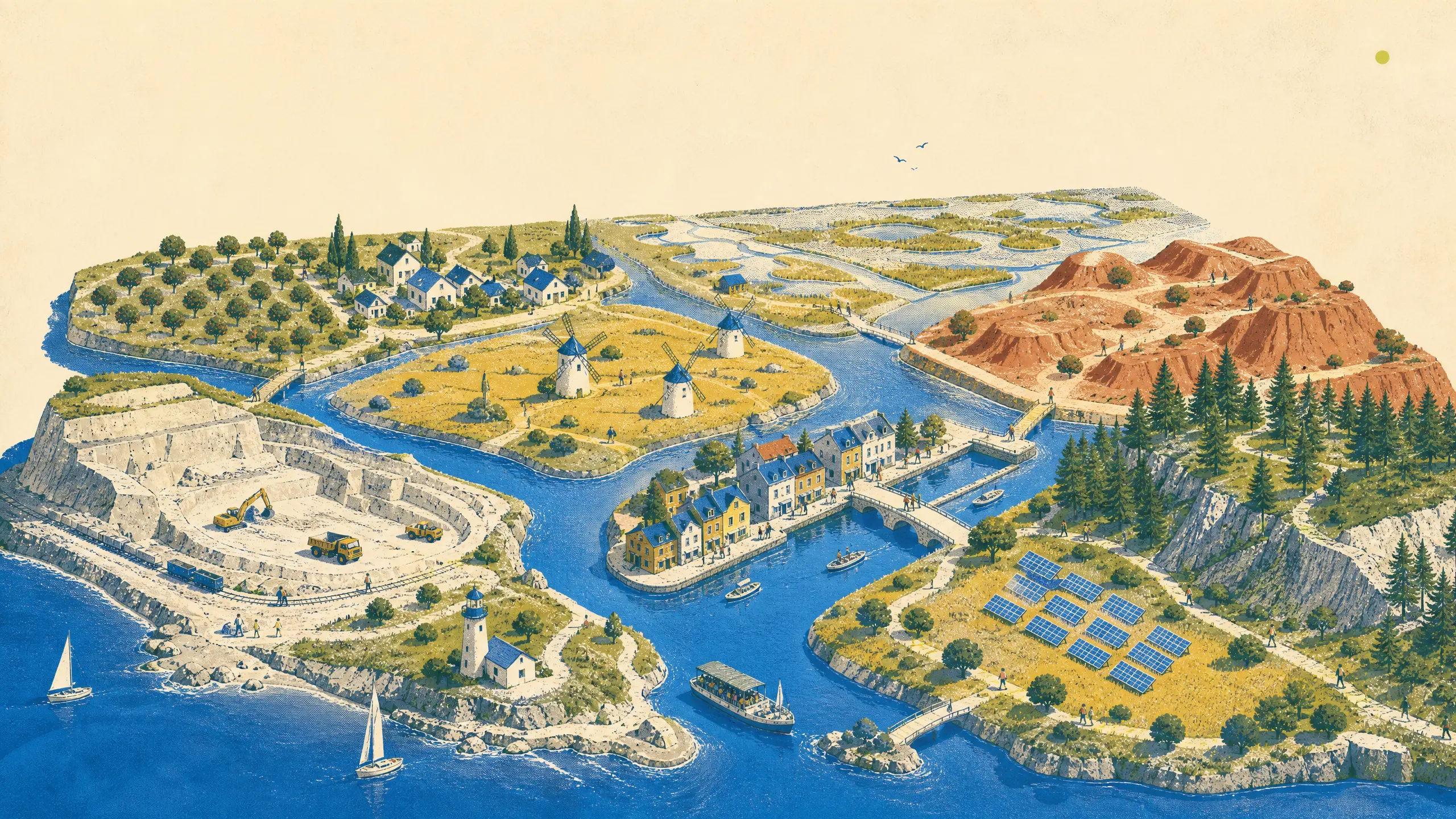 Nine miniature territories arranged around one river basin