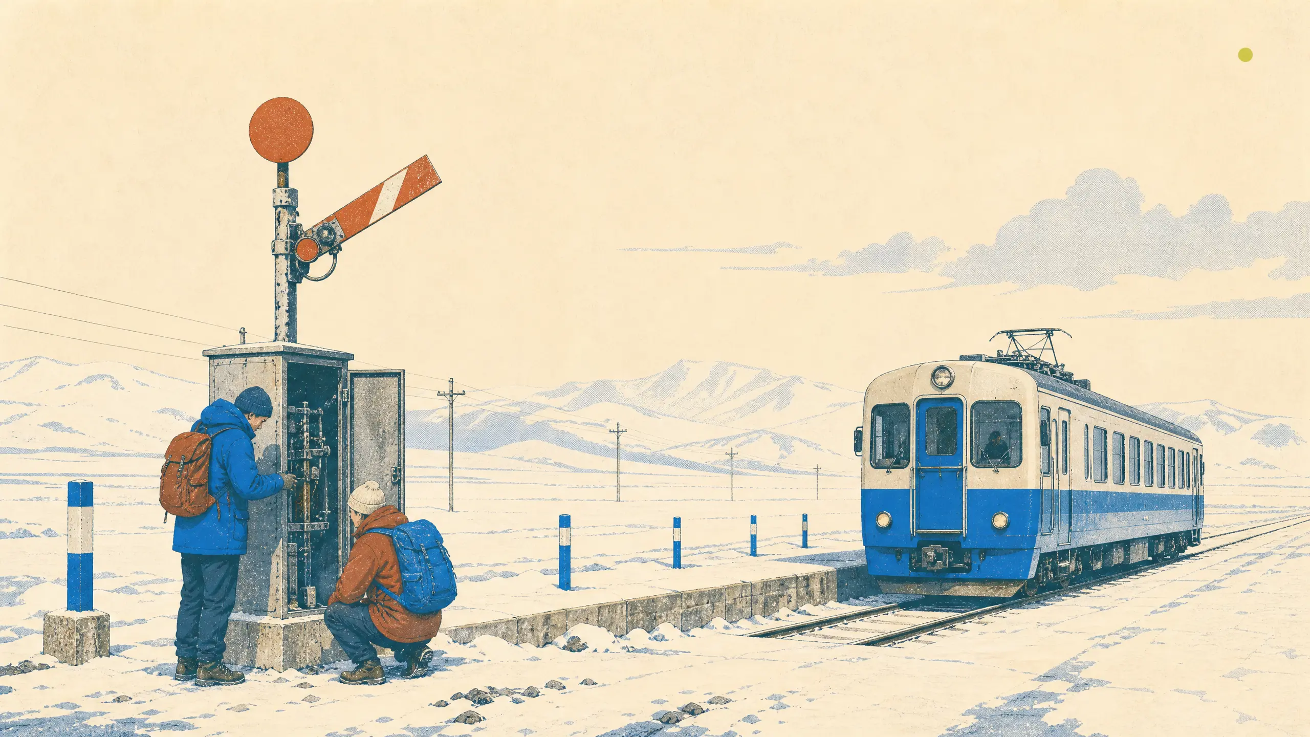 A remote winter platform with a train and two investigators