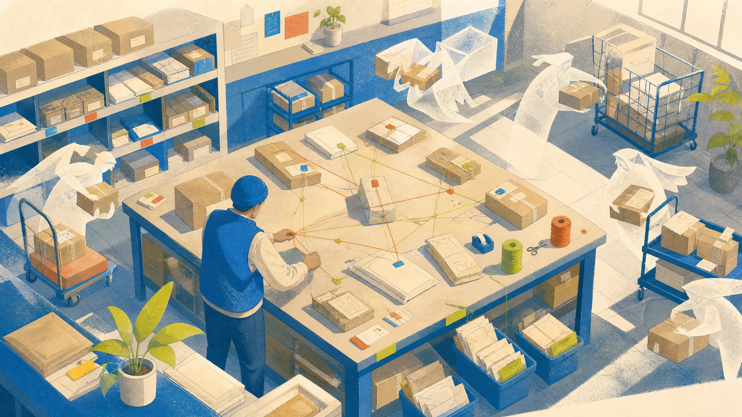 A courier sorting packages alongside abstract envelope spirits